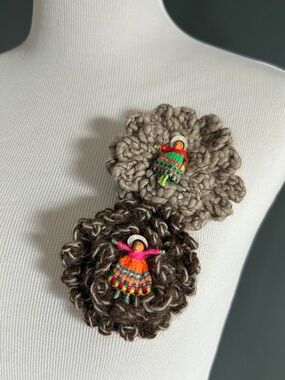 Handmade Yarn Flower Brooches with Tiny Peruvian Doll Accents